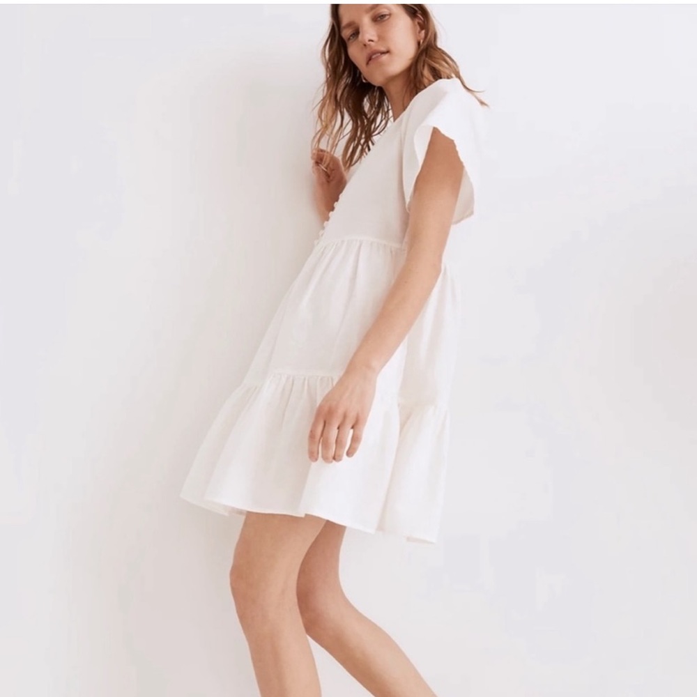Madewell linen flutter sleeve tiered mini dress Medium